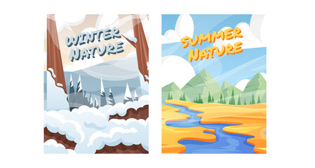 Winter and summer nature illustration for season sale or camping posters design.