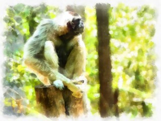 gibbon on a log watercolor style illustration impressionist painting.