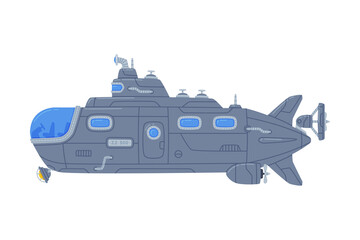 Blue Submarine Watercraft Swimming Underwater Vector Illustration