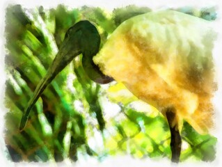 egret on the tree watercolor style illustration impressionist painting.