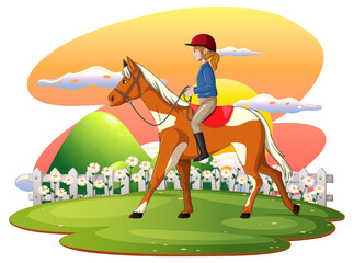 A scene of girl riding on a horse at afternoon