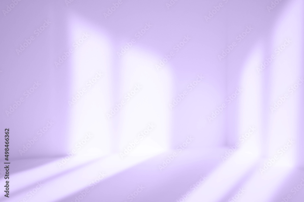 Poster Empty purple corner. Abstract studio background for product presentation. 3d room with shadows of window. Minimalistic space concept with blurred backdrop.