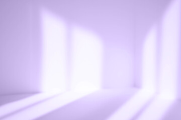 Empty purple corner. Abstract studio background for product presentation. 3d room with shadows of window. Minimalistic space concept with blurred backdrop.