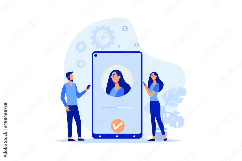 Poster face recognition and data safety. mobile phone users getting access to data after biometrical checki