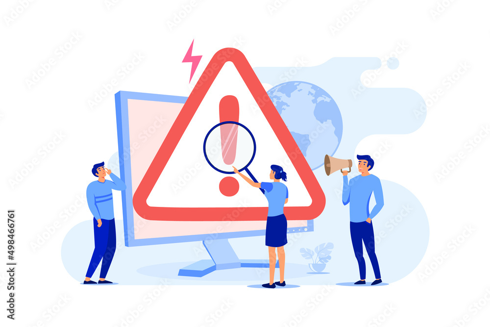 Poster tiny people examining operating system error warning on web page isolated flat vector illustration. 