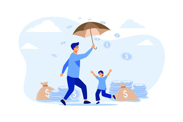 Happy man and boy standing under money rain. Coin, umbrella, bag flat vector illustration. Wealth and investment concept for banner, website design or landing web page