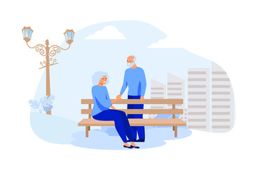 Happy senior couple sitting on bench in park isolated flat vector illustration. Cartoon old characters relaxing together on nature. Family and retirement concept