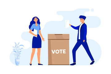Voter holding paper voting ballot in hand for election. People standing at vote box flat vector illustration. Democracy, referendum choice concept for banner, website design or landing web page
