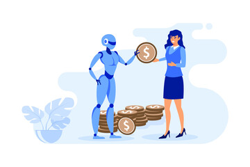 The robot gives a gold coin to the girl. The robot brings profit to the business. Isolated. Vector.