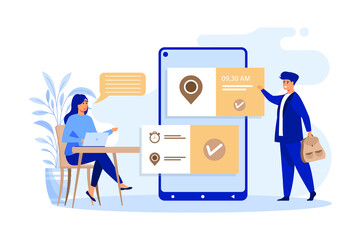 People using online appointment and booking app. Mean and woman planning meeting, setting date in mobile interface. Vector illustration for business, internet technology concept