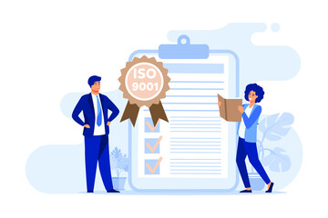 Tiny business people passed standard quality control isolated flat vector illustration. Cartoon document standardization industry. ISO system and international certification concept