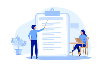 Teacher giving seminar to student in classroom. Mentor and intern, coach and trainee. Flat vector illustration. Education, training, learning concept for banner, website design or landing web page - obrazy, fototapety, plakaty