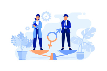 Gender equality concept. Equal business man and woman on balance scale. Male and female employees with equal career opportunities. Workforce without gender discrimination - obrazy, fototapety, plakaty