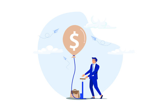 Investment bubble causing financial crisis, overvalued stock market or money inflation concept, businessman investor pumping air into big floating balloon with US Dollar money sign ready to burst.