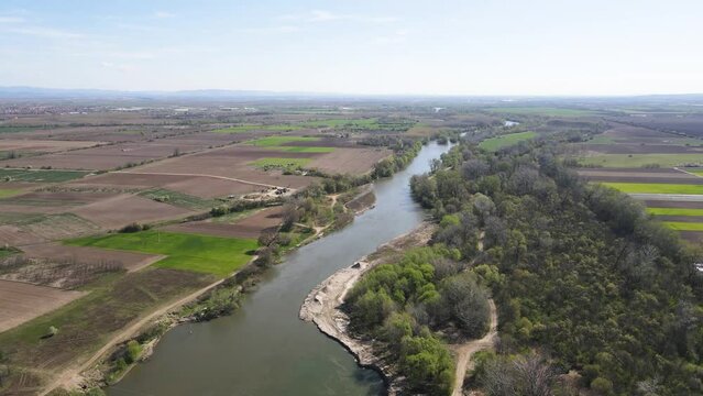 Aerial view of Chepelarska River, pouring into the Maritsa River near city of Plovdiv, Bulgaria