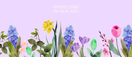 springtime background, spring floral border, summer painting flowers watercolor, isolated spring illustration