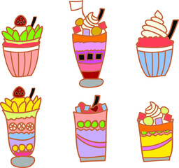 Hand drawn ice cream sundae with fruit and wiping cream