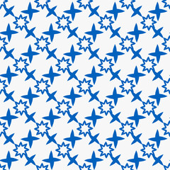 Blue stars are four-pointed and eight-pointed. Vector seamless pattern of the same shapes of blue stars.
