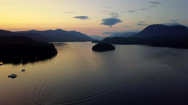 Dramatic View Of Sechelt Inlet At Dusk In Sunshine Coast, British Columbia, Canada. Aerial Shot