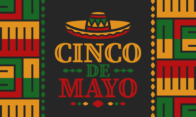 Cinco de Mayo in Mexico. Traditional mexican fiesta in May. National happy holiday with carnival, festival and parade. Latin american and spanish pattern. Illustration with sombrero. Vector poster