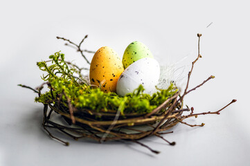nest with colored Easter eggs isolated on a light defocused background, easter decorations, close-up