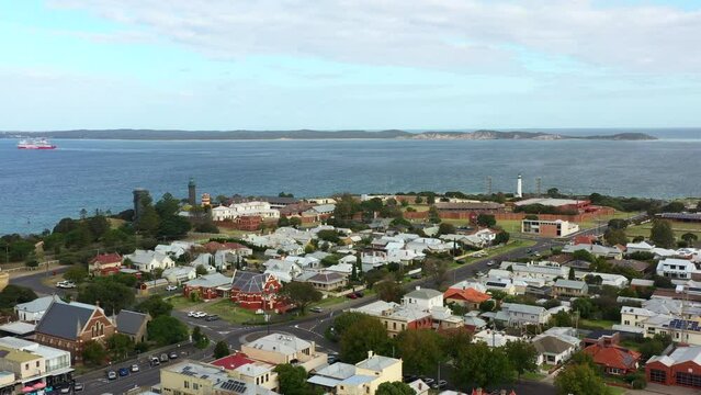 AERIAL Orbiting Around Fort Queenscliff And Township With Spirit Of Tasmania