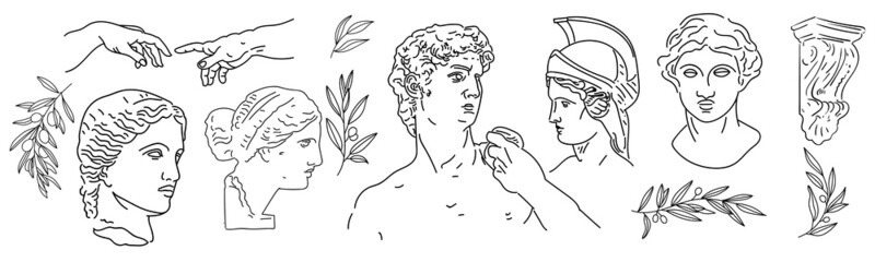 Greek ancient sculpture set. Vector hand drawn illustrations of antique classic statues in trendy bohemian style.