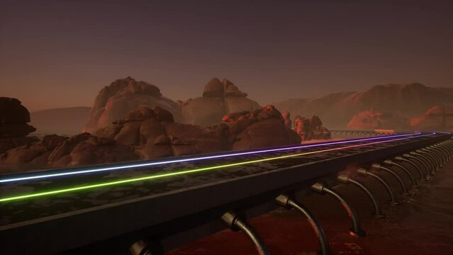 Sci-fi, cyberspace, dystopian, roadway within forsaken scenery, and tall buildings with neon lights at the far end, with bright moon 3D animation
