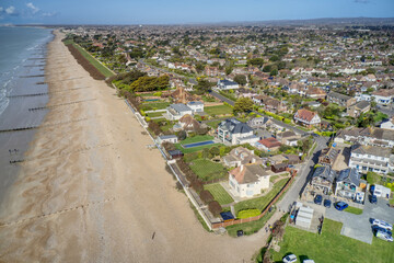 Fototapeta na wymiar East Preston village Seafront and beach in West Sussex on the south coast of England, Aerial Photo.