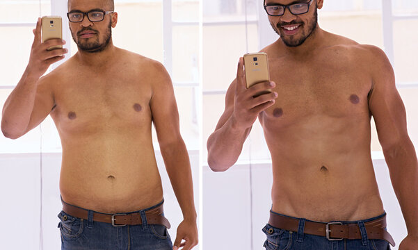 Dang I look great. Shot of a handsome young man taking a selfie before and after his diet.