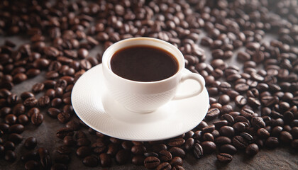 Cup of coffee on coffee beans.