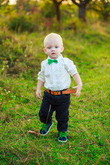little boy in a white shirt and with a green bow tie walks in nature