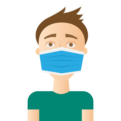 Dark-haired guy in a blue medical mask. Vector stock illustration.