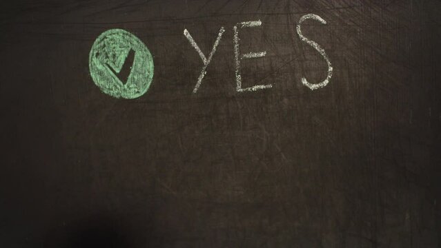 Human hand draws words yes no and possibly on blackboard with white chalk, front view. Words yes no and maybe are drawn on board. Concept of choice