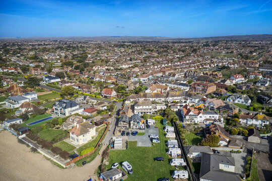 Beautiful aerial view of East Preston seafront in West Sussex England with views of the Caravan Park and Cafe.