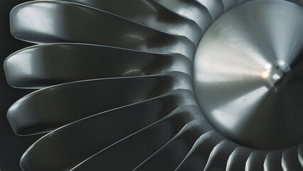 3D Rendering jet engine, close-up view jet engine blades. Closeup shot of jet engine front fan.