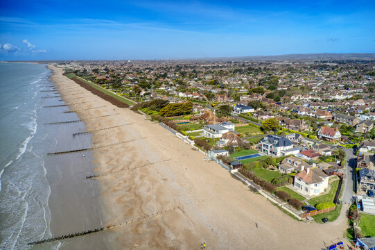 Aerial photo along the seafront of East Preston village in West Sussex towards the Willowhayne estate.