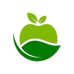 Leaf apple symbol. Healthy food icon. Fruit and vegetable diet. Organic agriculture product. Green apple inside leaf. Natural product sign. Fresh from farm idea. Vector illustration, flat, clip art. 