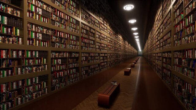 Long library corridor with bookcases and thousands of books, wood floor, and chandeliers on the ceiling 3D animation night vew,