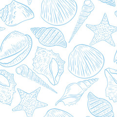 Seamless marine pattern with seashells vector illustration. Ocean gentle background. Blue clams on white background template for wallpaper, fabric and paper