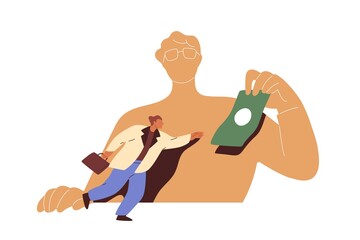 Money manipulation concept. Greedy employee slave aspiring, chasing for dollar. Employer boss manipulating, controlling with financial motivation. Flat vector illustration isolated on white background