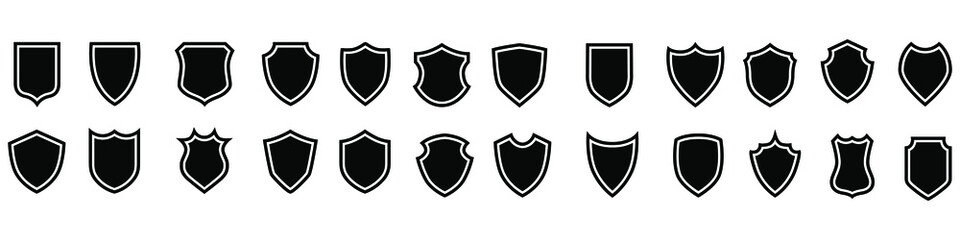 Shield blank icon vector set. security illustration sign collection. Knight award symbol. medieval royal vintage badges isolated. - obrazy, fototapety, plakaty