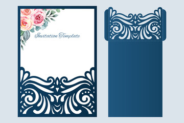 Laser cut Wedding invitation template, pocket envelope, vector.