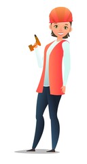 Little girl in overalls. Teen Handyman, locksmith or repairman. Cheerful person. Standing pose. Cartoon comic style flat design. Single character. Illustration isolated on white background. Vector