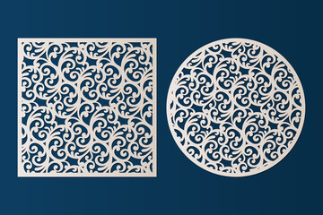 Square, round panels with swirls pattern, Laser cut template set, vector.