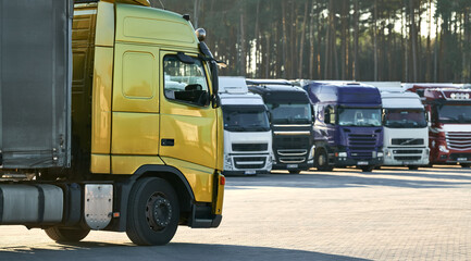Heavy lorry truck at trucker parking. Logistics and transportation service