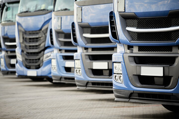 Obraz na płótnie Canvas Fleet of commercial lorry trucks in row. Logistics and transportation service