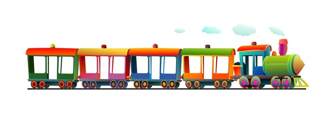 Locomotive rides on railroad. Multicolored wagons. Cartoon style illustration. Cute childish. Isolated on white background. Vector