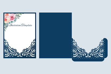 Wedding invitation laser cut template, swirls pocket envelope, vector.