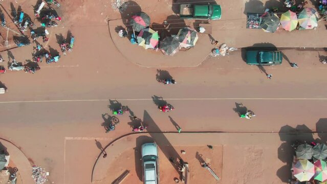 top-down aerial shot of the main street in Ganta, Liberia